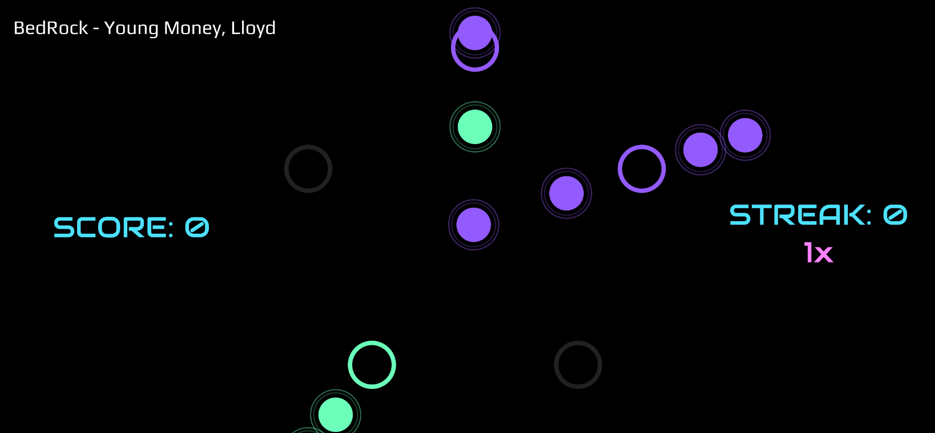 Screenshot of a rhythm game, showing bright green and purple dots on a black screen moving outwards towards targets arraged in a circle.