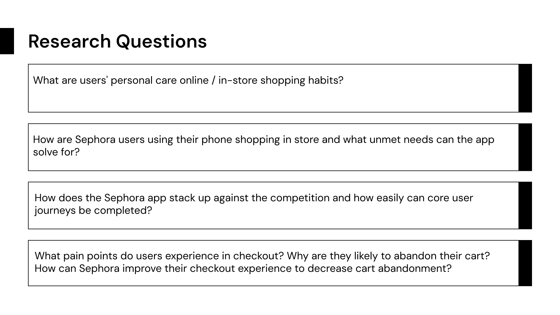 a slide detailing the research questions of a uxr study