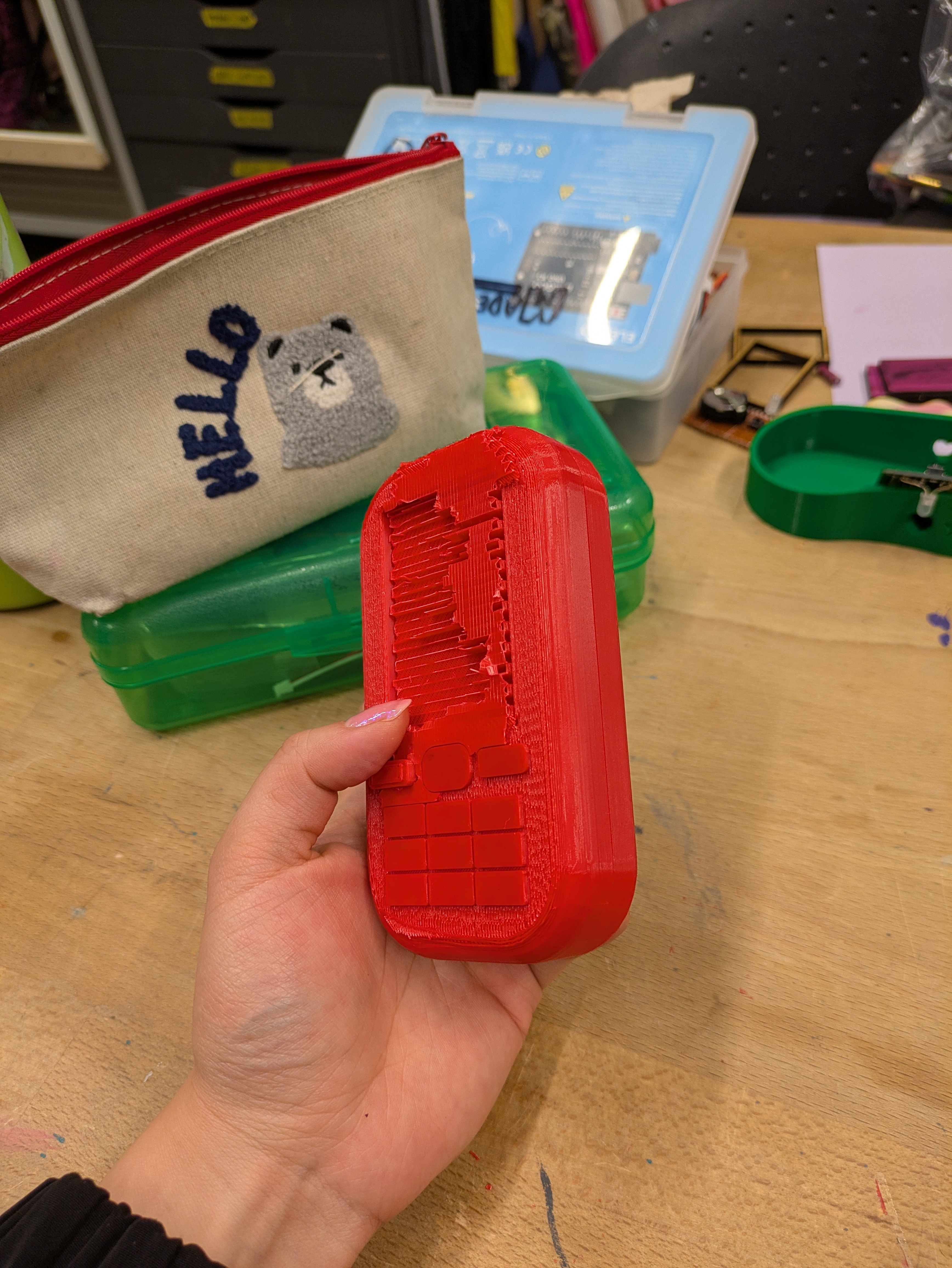a bad, 3d printed prototype with a lot of excess support material